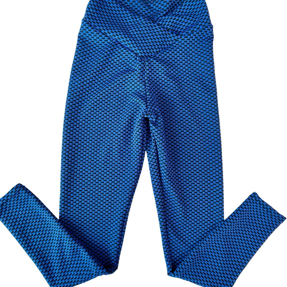 New Fashion Blue Ruched Back High Waist Crossover Textured Yoga Pants SzS/M